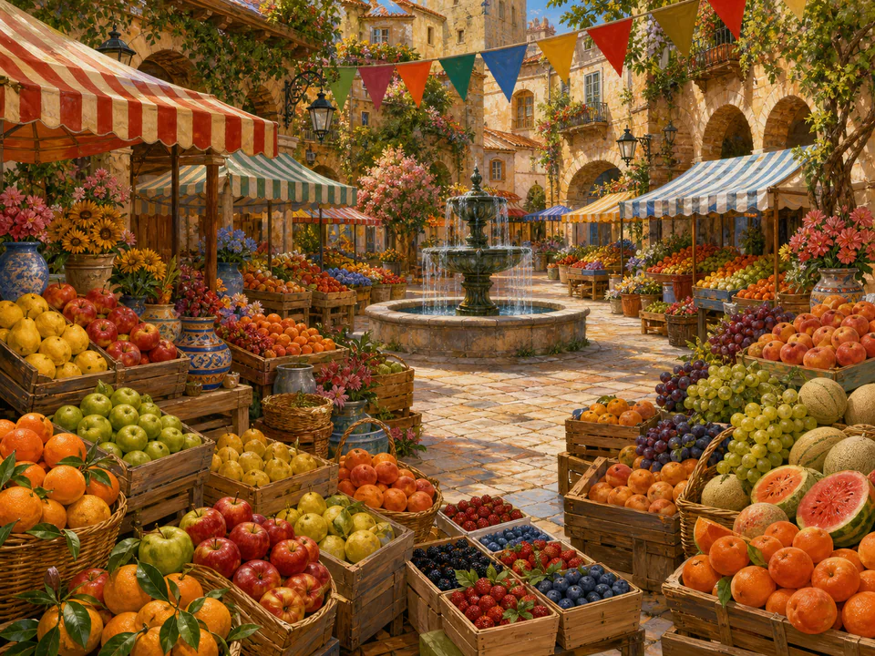 Festive Fruit Stalls, an illustrated markets & squares jigsaw puzzle scene