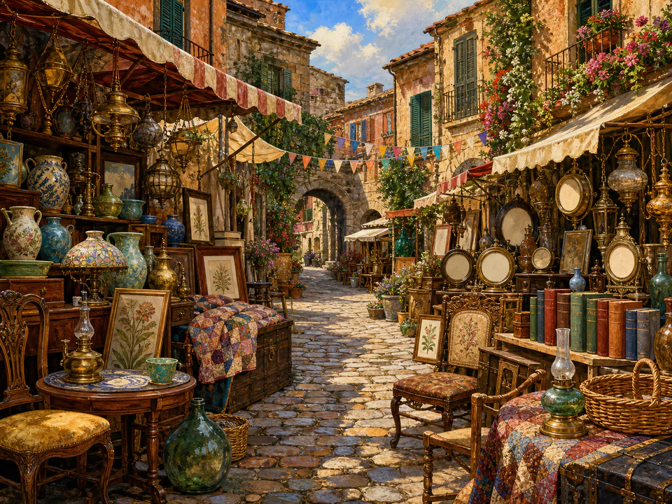 Festive Antique Lane, an illustrated markets & squares jigsaw puzzle scene