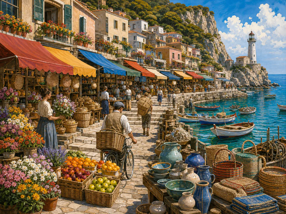 Festive Harbor Shops, an illustrated markets & squares jigsaw puzzle scene