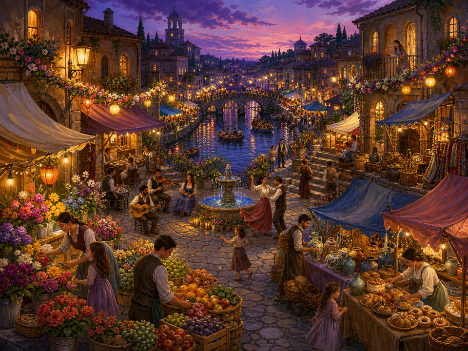 Festive Festival Street, an illustrated markets & squares jigsaw puzzle scene