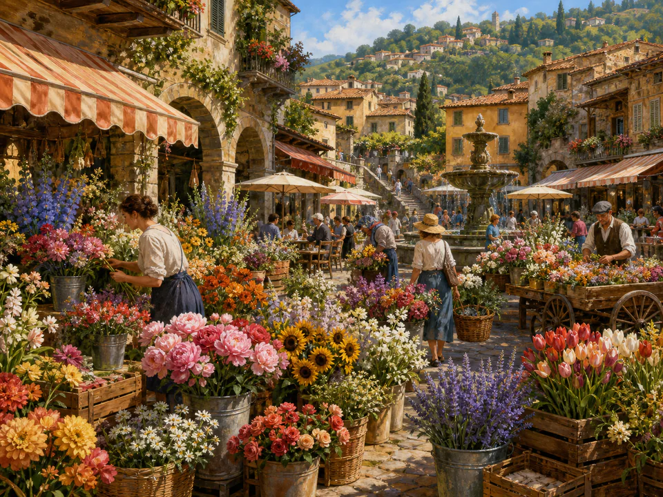 Old Town Flower Market, an illustrated markets & squares jigsaw puzzle scene