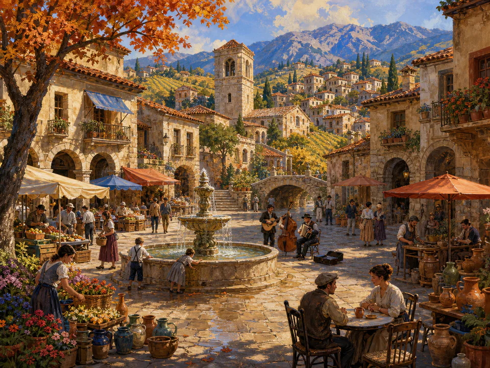 Old Town Village Square, an illustrated markets & squares jigsaw puzzle scene