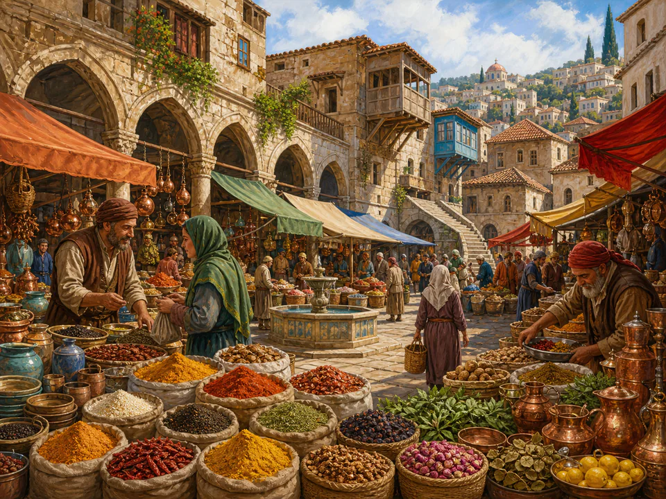 Old Town Spice Bazaar, an illustrated markets & squares jigsaw puzzle scene