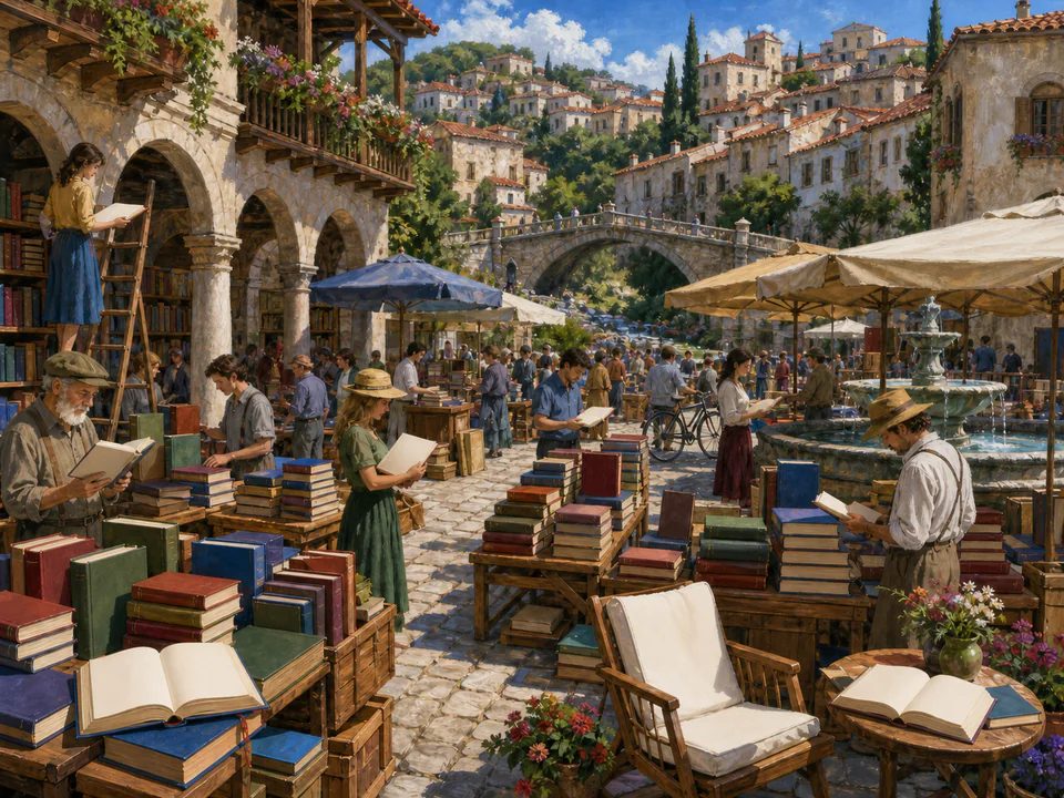 Old Town Book Fair, an illustrated markets & squares jigsaw puzzle scene
