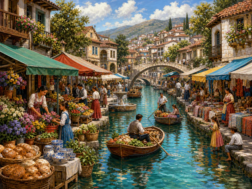 Old Town Canal Market, an illustrated markets & squares jigsaw puzzle scene