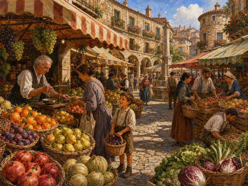 Old Town Fruit Stalls, an illustrated markets & squares jigsaw puzzle scene