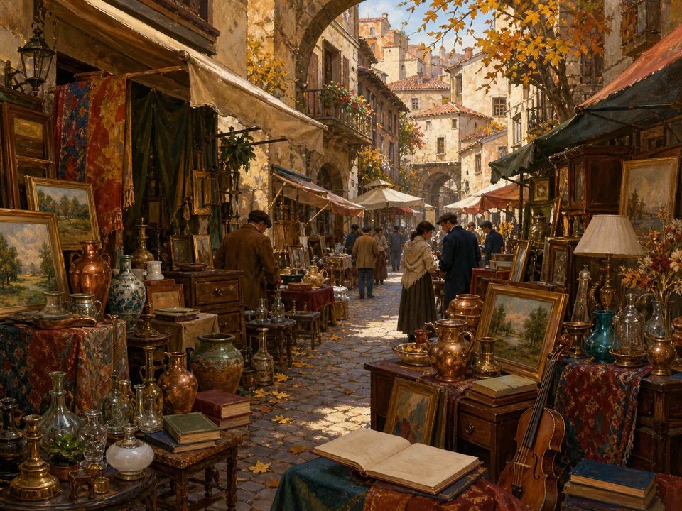 Old Town Antique Lane, an illustrated markets & squares jigsaw puzzle scene