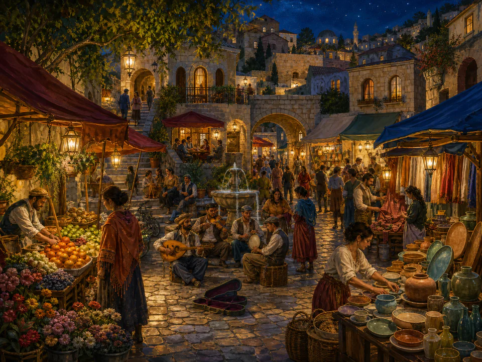 Old Town Night Market, an illustrated markets & squares jigsaw puzzle scene