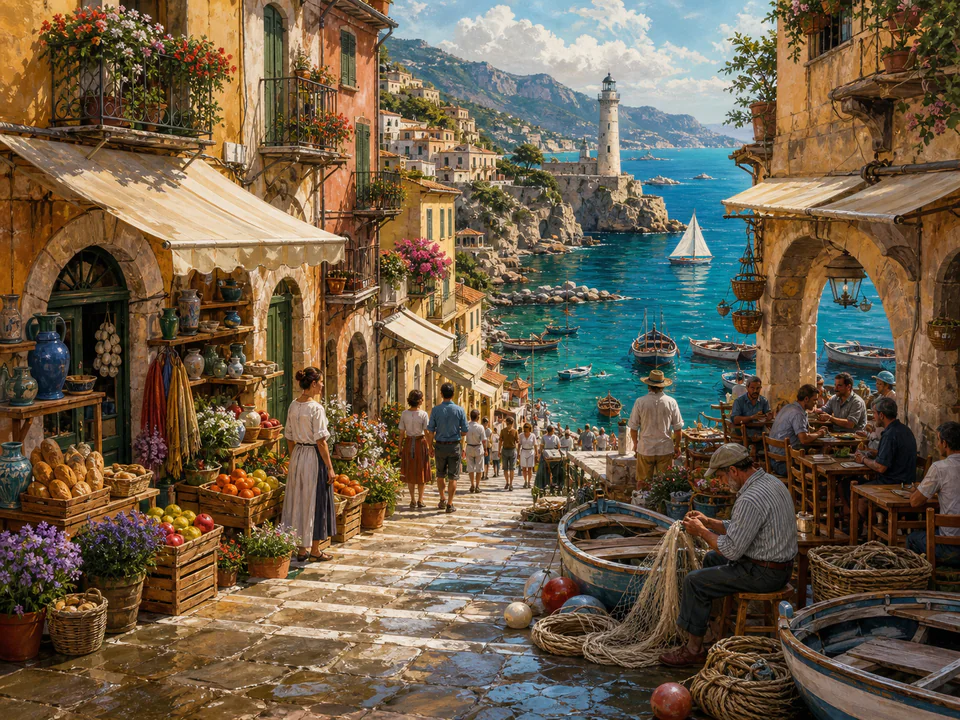 Old Town Harbor Shops, an illustrated markets & squares jigsaw puzzle scene