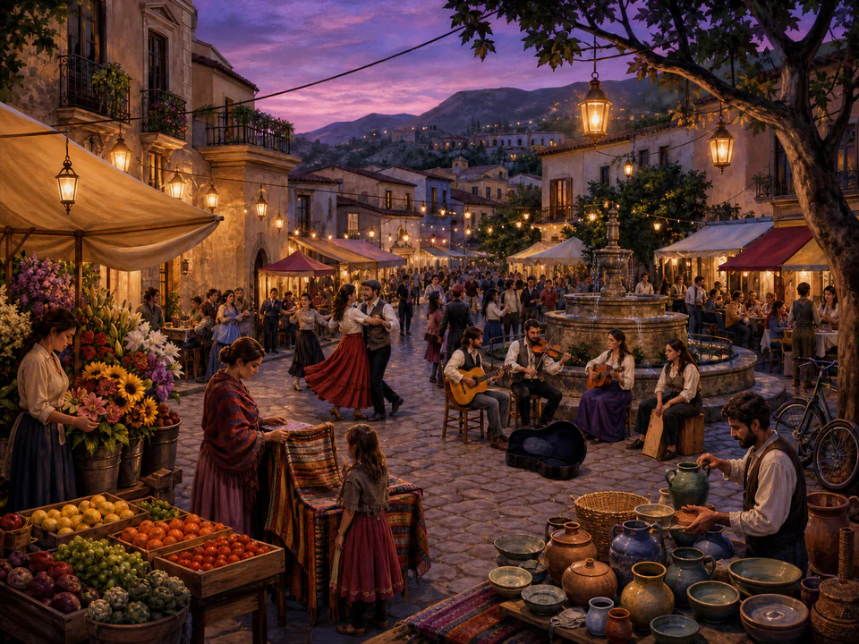 Old Town Festival Street, an illustrated markets & squares jigsaw puzzle scene