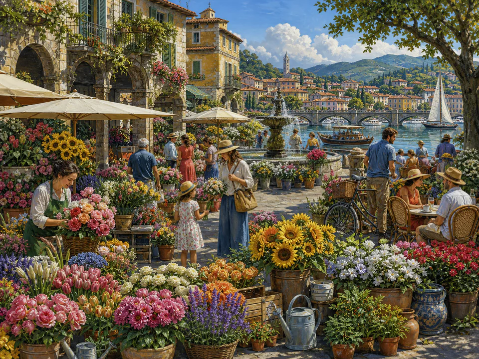 Coastal Flower Market, an illustrated markets & squares jigsaw puzzle scene