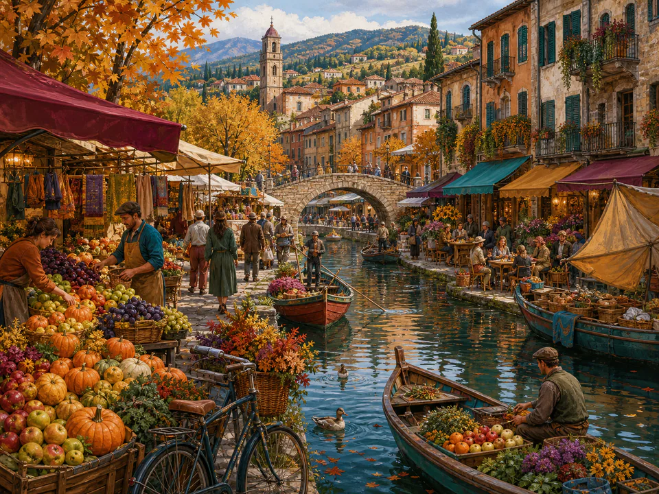 Coastal Canal Market, an illustrated markets & squares jigsaw puzzle scene