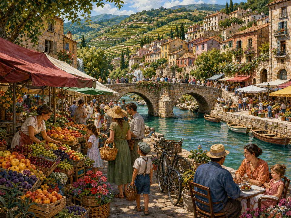 Coastal Fruit Stalls, an illustrated markets & squares jigsaw puzzle scene