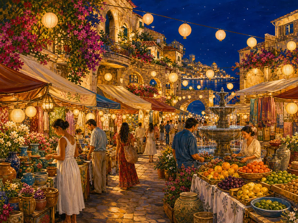 Coastal Night Market, an illustrated markets & squares jigsaw puzzle scene