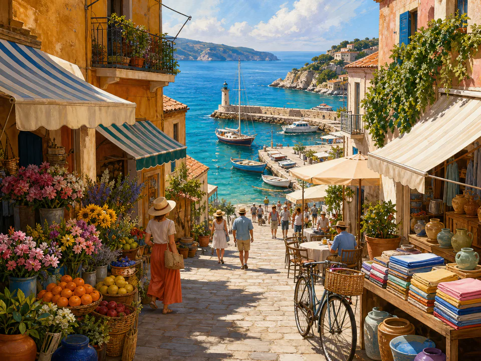 Coastal Harbor Shops, an illustrated markets & squares jigsaw puzzle scene
