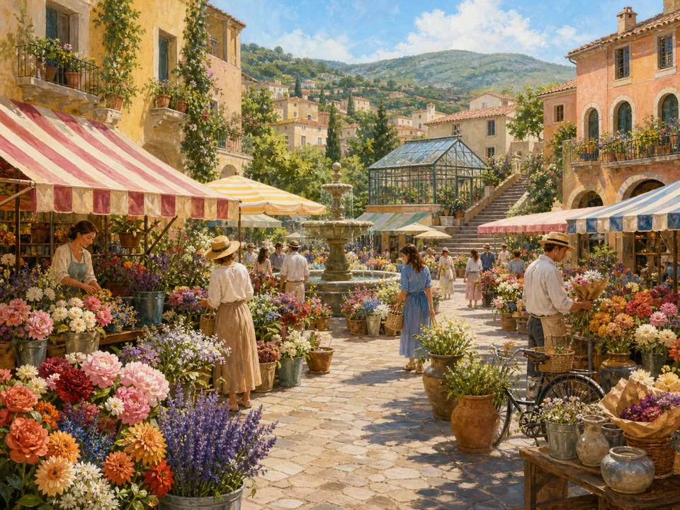 Twilight Flower Market, an illustrated markets & squares jigsaw puzzle scene