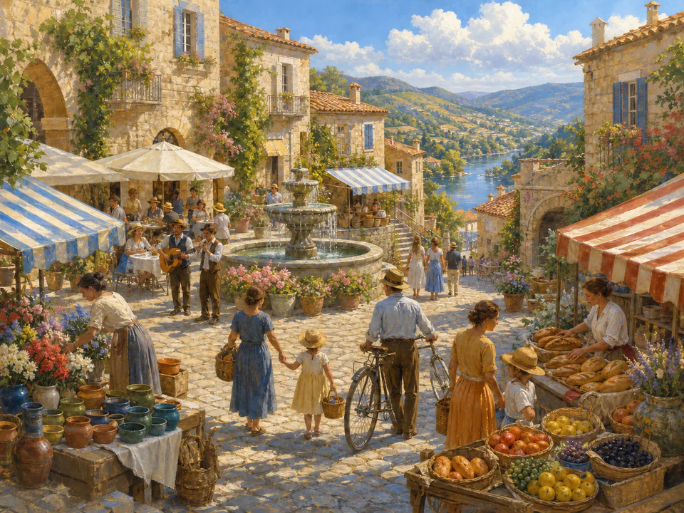 Twilight Village Square, an illustrated markets & squares jigsaw puzzle scene
