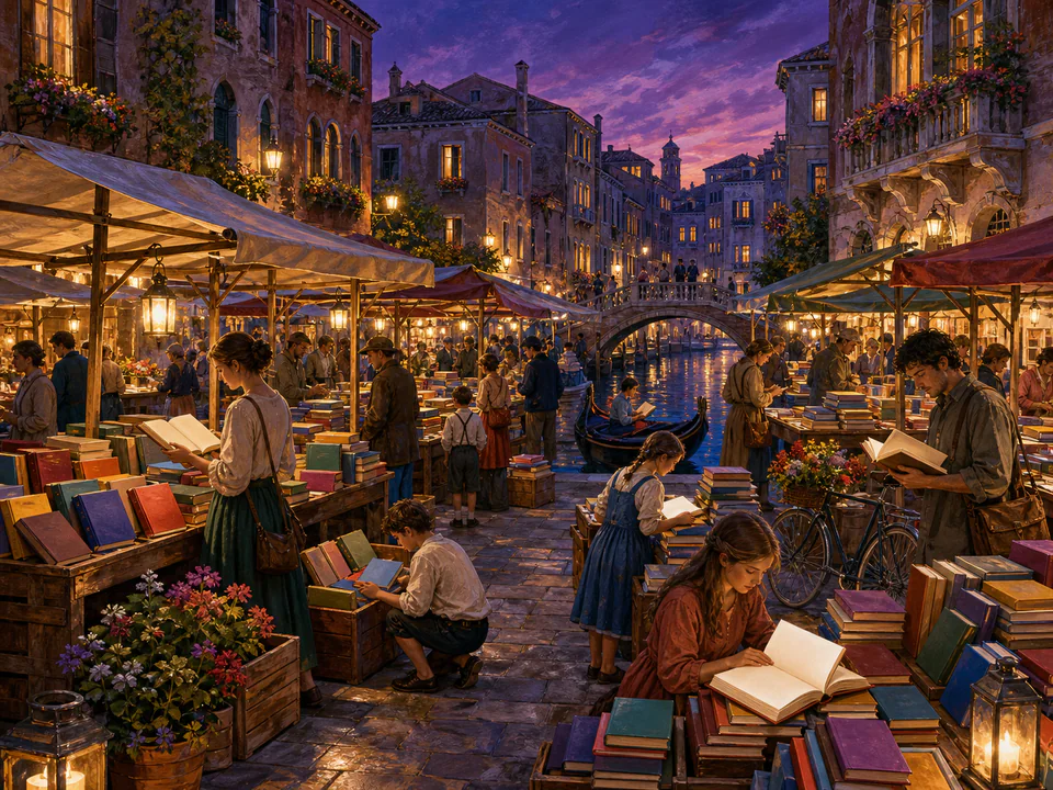 Twilight Book Fair, an illustrated markets & squares jigsaw puzzle scene