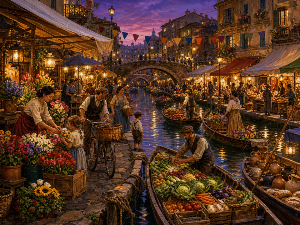 Twilight Canal Market, an illustrated markets & squares jigsaw puzzle scene