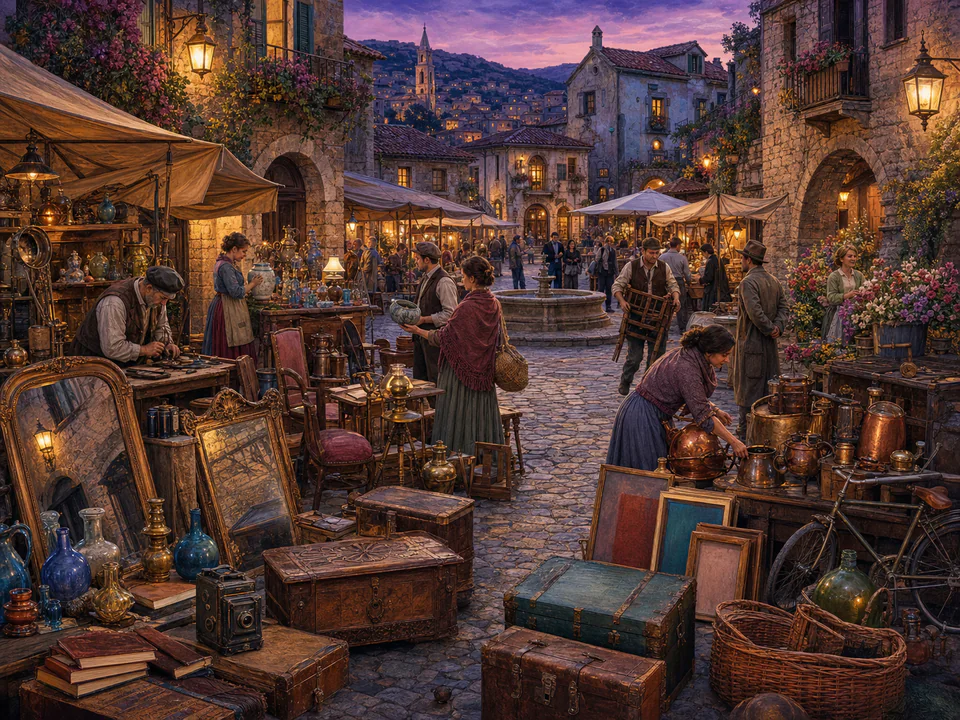 Twilight Antique Lane, an illustrated markets & squares jigsaw puzzle scene