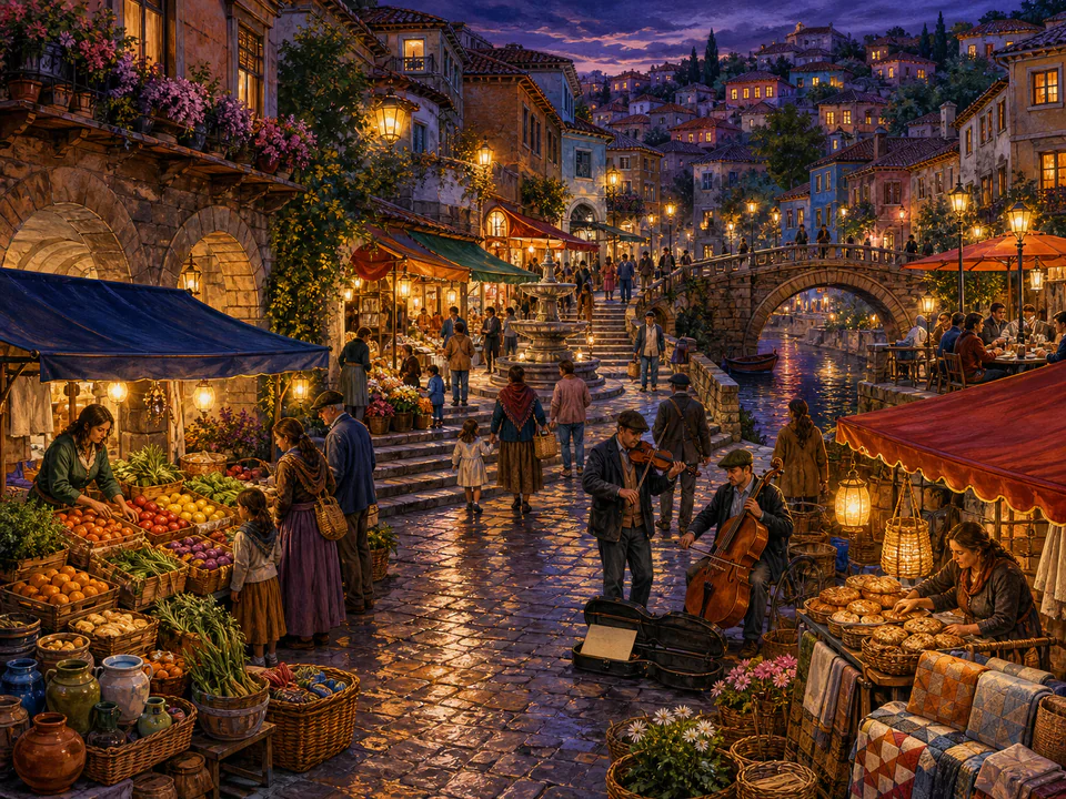 Twilight Night Market, an illustrated markets & squares jigsaw puzzle scene