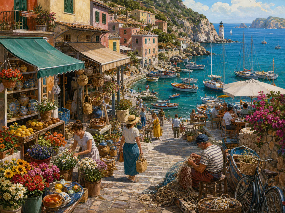 Twilight Harbor Shops, an illustrated markets & squares jigsaw puzzle scene