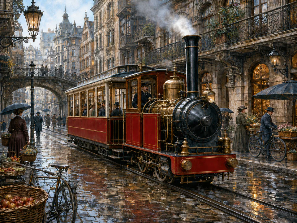 Steam City Tram, an illustrated nostalgic transport jigsaw puzzle scene