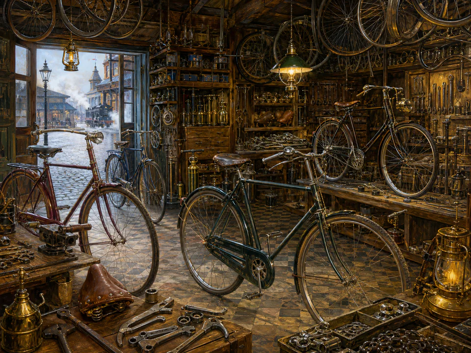 Steam Bicycle Shop, an illustrated nostalgic transport jigsaw puzzle scene