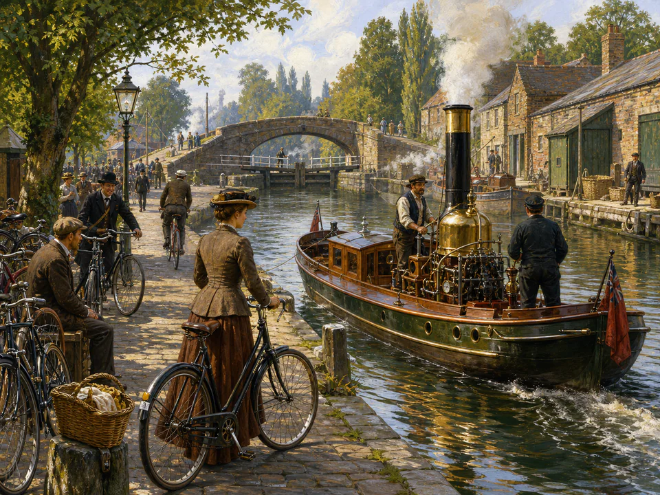 Steam Canal Bicycles, an illustrated nostalgic transport jigsaw puzzle scene