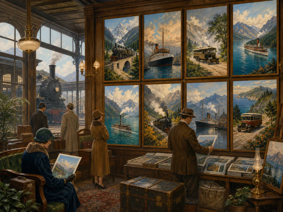 Steam Travel Posters, an illustrated nostalgic transport jigsaw puzzle scene