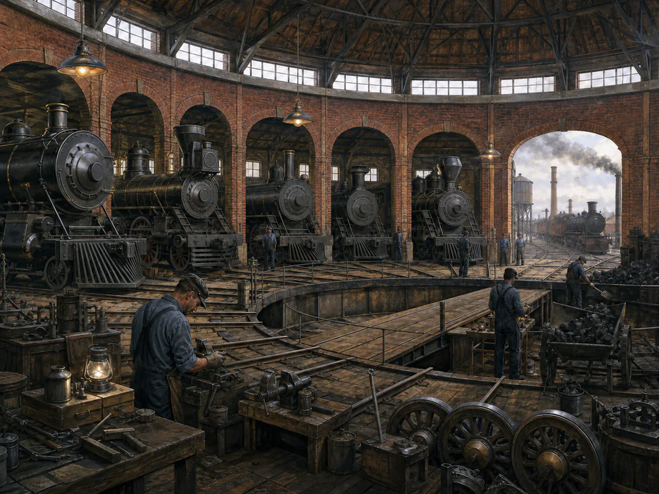 Steam Engine Shed, an illustrated nostalgic transport jigsaw puzzle scene