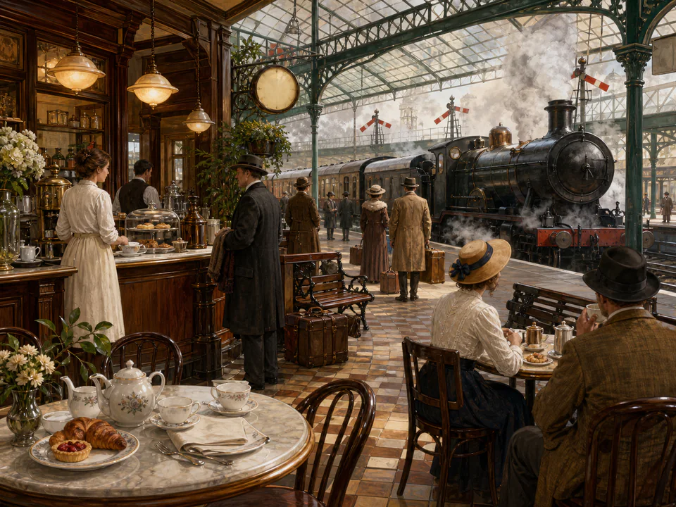 Steam Station Café, an illustrated nostalgic transport jigsaw puzzle scene