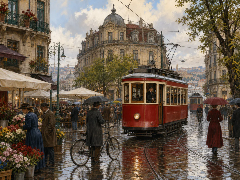 Scarlet City Tram, an illustrated nostalgic transport jigsaw puzzle scene