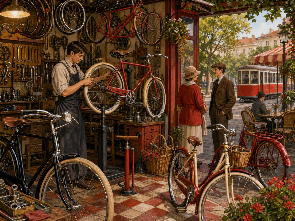 Scarlet Bicycle Shop, an illustrated nostalgic transport jigsaw puzzle scene