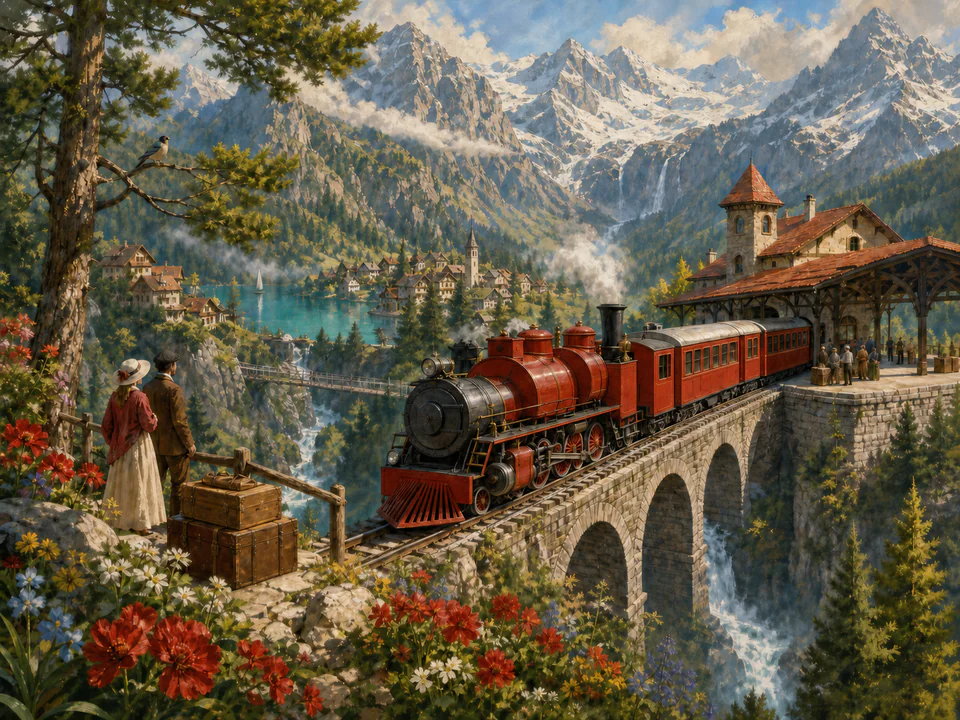 Scarlet Mountain Train, an illustrated nostalgic transport jigsaw puzzle scene