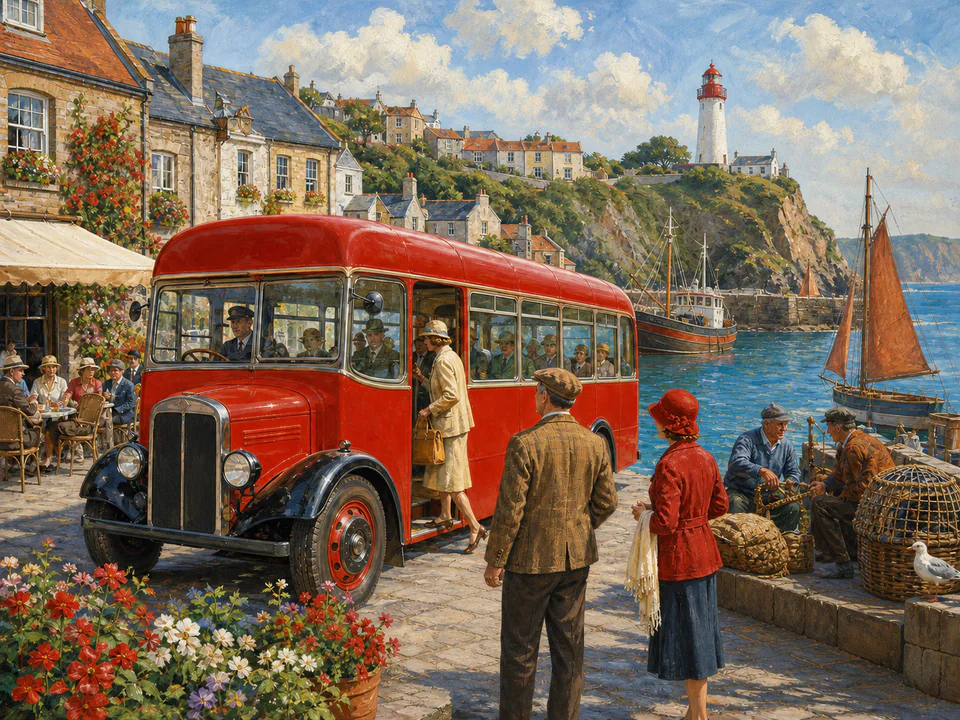 Scarlet Harbor Bus, an illustrated nostalgic transport jigsaw puzzle scene