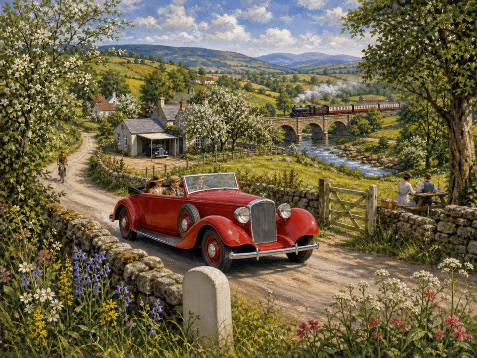 Scarlet Country Road, an illustrated nostalgic transport jigsaw puzzle scene