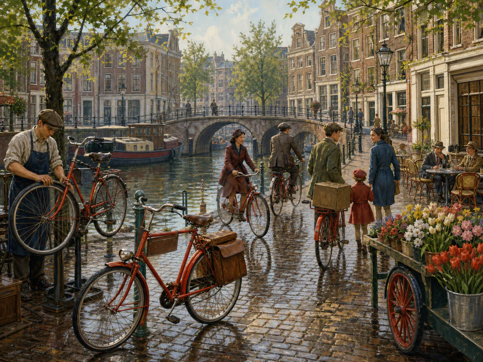 Scarlet Canal Bicycles, an illustrated nostalgic transport jigsaw puzzle scene