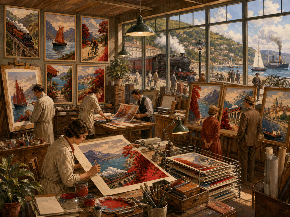 Scarlet Travel Posters, an illustrated nostalgic transport jigsaw puzzle scene