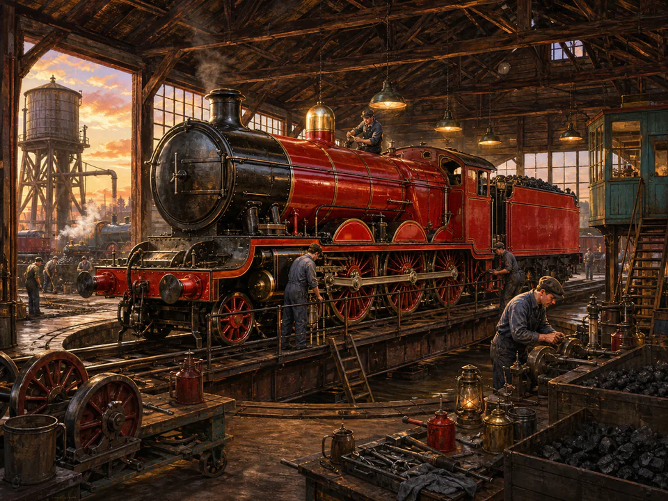 Scarlet Engine Shed, an illustrated nostalgic transport jigsaw puzzle scene