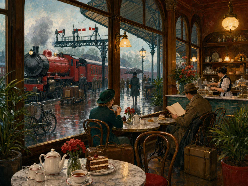 Scarlet Station Café, an illustrated nostalgic transport jigsaw puzzle scene