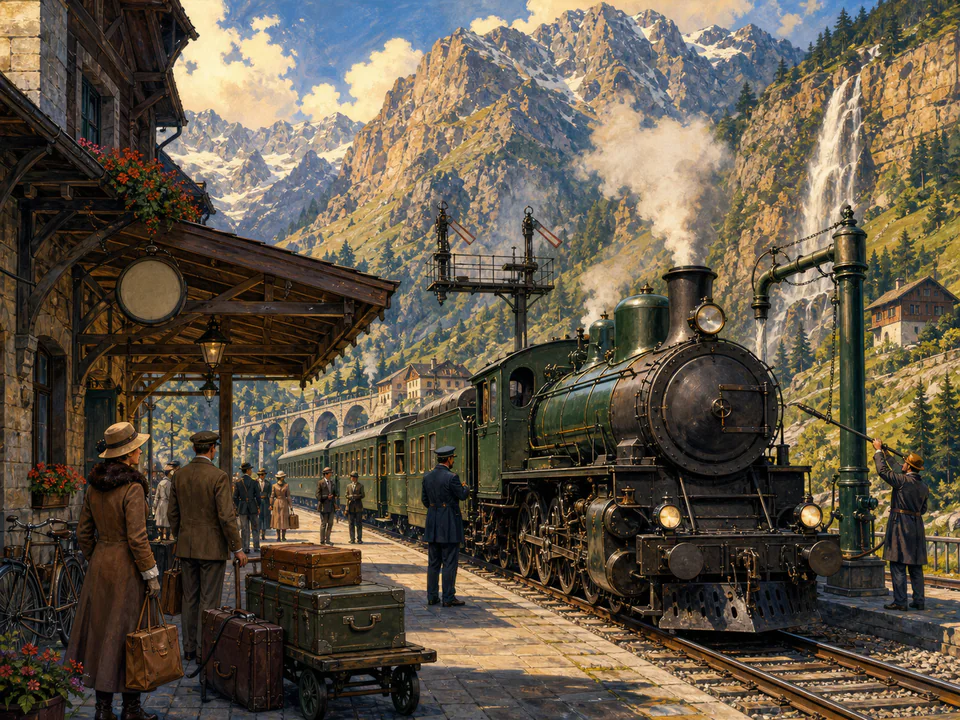 Mountain Railway Station, an illustrated nostalgic transport jigsaw puzzle scene