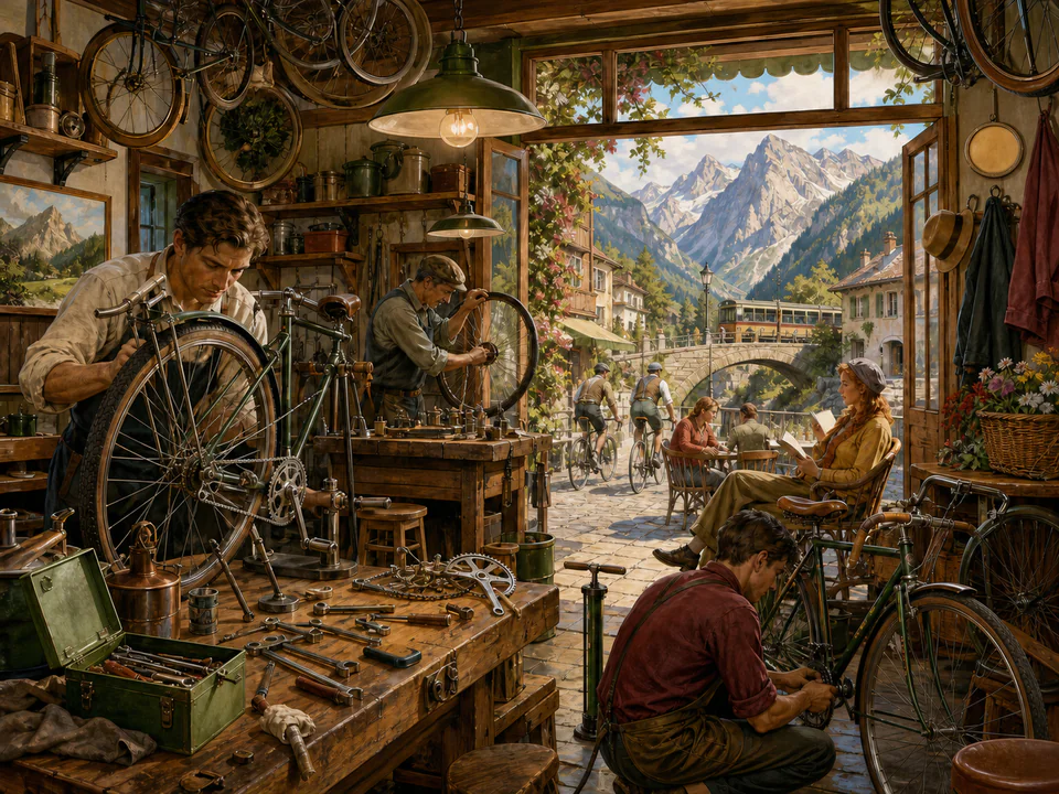 Mountain Bicycle Shop, an illustrated nostalgic transport jigsaw puzzle scene