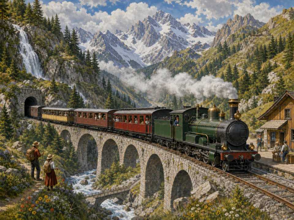 Mountain Mountain Train, an illustrated nostalgic transport jigsaw puzzle scene