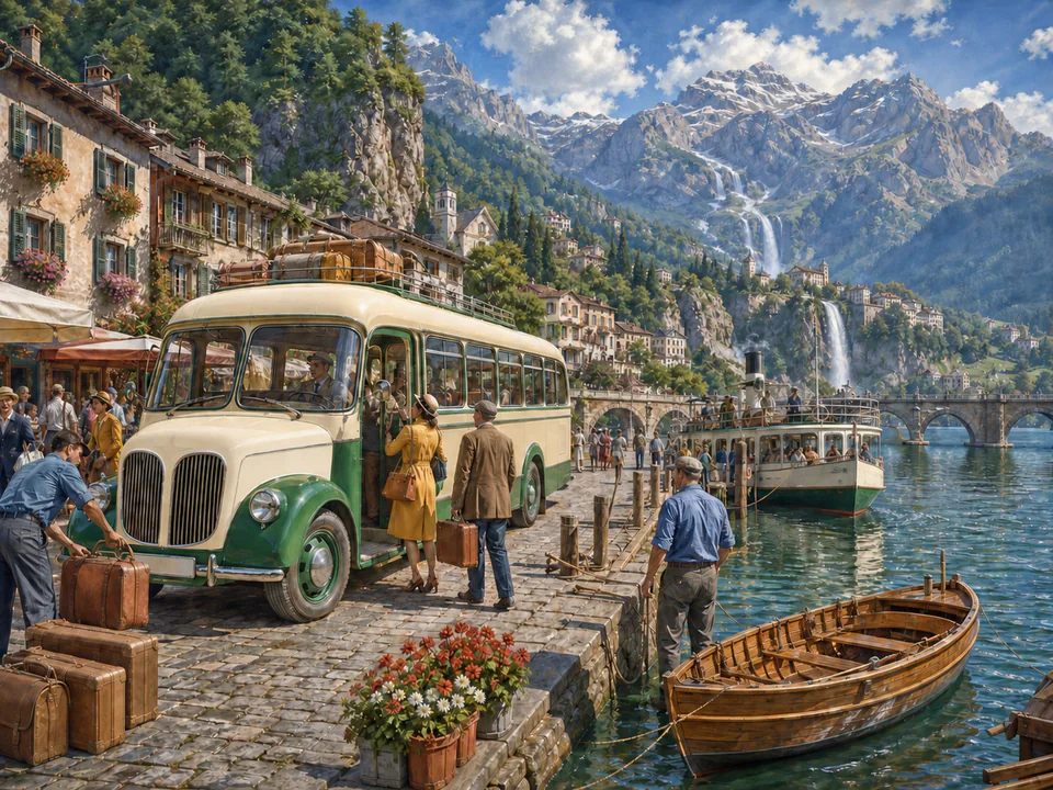 Mountain Harbor Bus, an illustrated nostalgic transport jigsaw puzzle scene