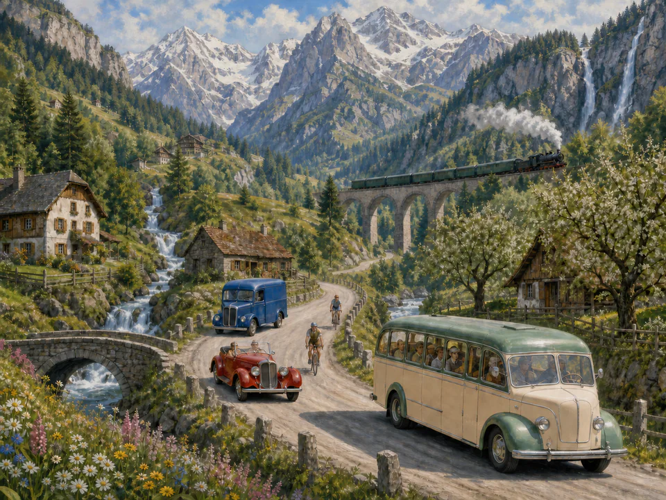 Mountain Country Road, an illustrated nostalgic transport jigsaw puzzle scene