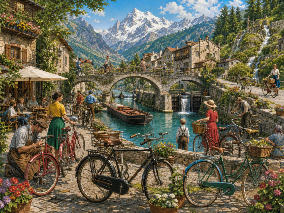 Mountain Canal Bicycles, an illustrated nostalgic transport jigsaw puzzle scene
