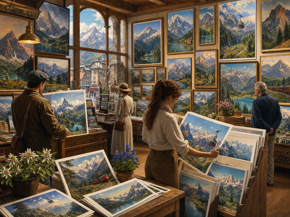 Mountain Travel Posters, an illustrated nostalgic transport jigsaw puzzle scene
