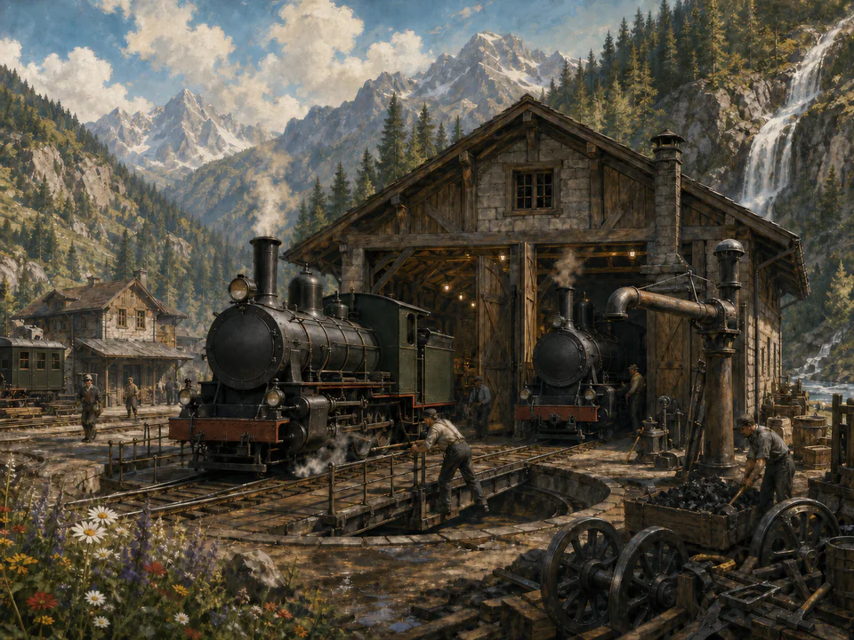 Mountain Engine Shed, an illustrated nostalgic transport jigsaw puzzle scene