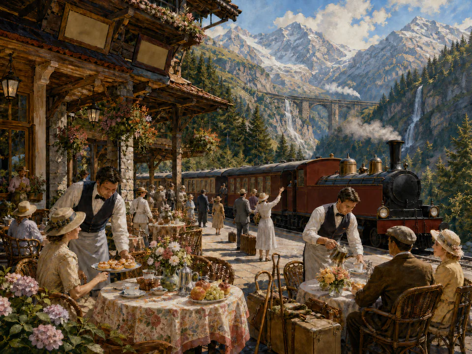 Mountain Station Café, an illustrated nostalgic transport jigsaw puzzle scene